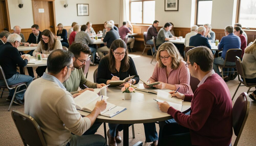 A small circle of adults studying open books together around a table in a church fellowship hall