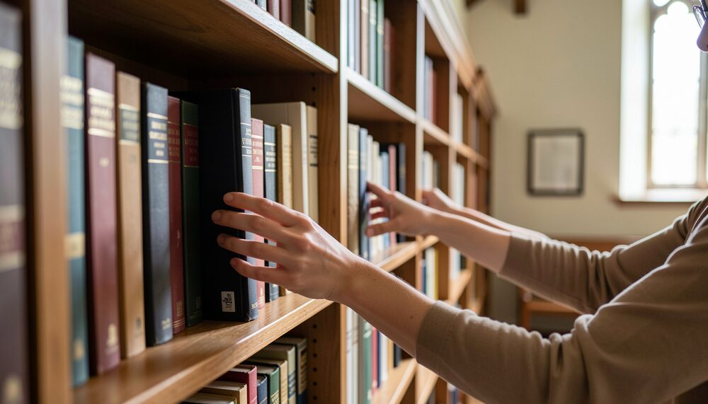 Hands shelving hardcover books on wooden library shelves in a quiet church room