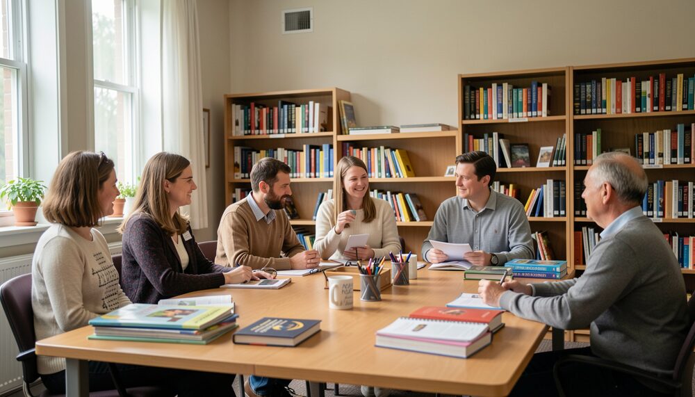 A ministry team discussing curriculum titles around a table in a church library