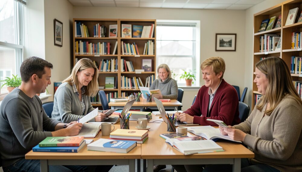 Volunteers comparing notes and laptops at a shared worktable in a parish library