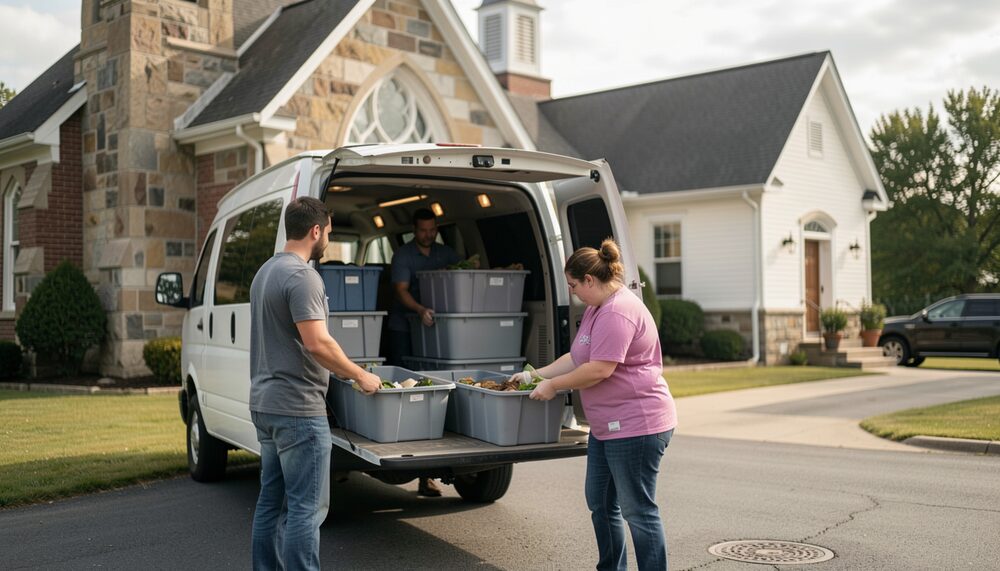 Volunteers loading plastic storage bins into the back of a van outside a small church building