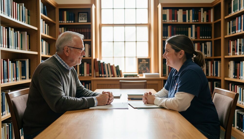 A pastor and a volunteer chatting at a wooden table in a church office surrounded by bookshelves