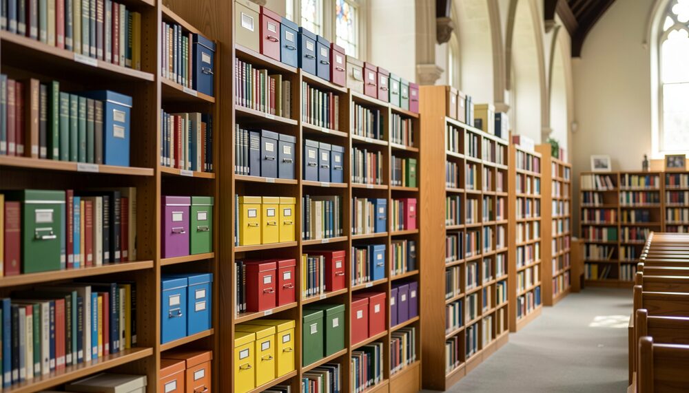 Neat rows of books and storage boxes organized by size and color on church library shelves