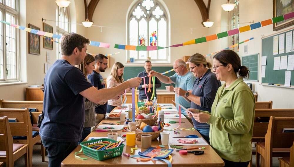 Volunteers decorating a church classroom with paper streamers and craft materials together